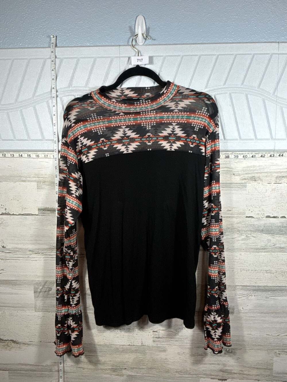 Sterling Kreek Aztec Print Mesh Long Sleeve Top Black Medium